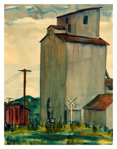 Rolfe grain elevator watercolor by Marion Gunderson, circa 1950.  Click photo to enlarge.